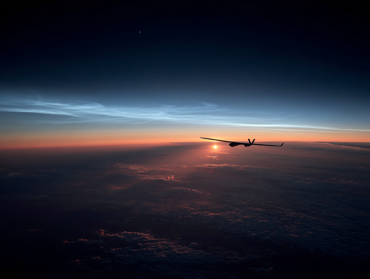 Long-wing aircraft silhouetted above clouds at sunrise