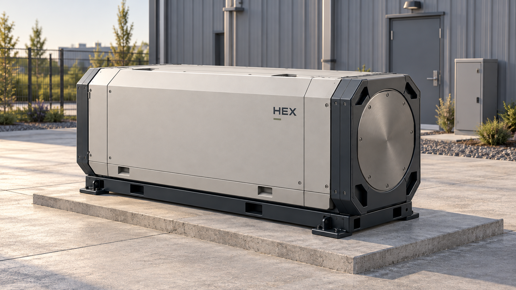 HEX microreactor enclosure concept beside an industrial facility